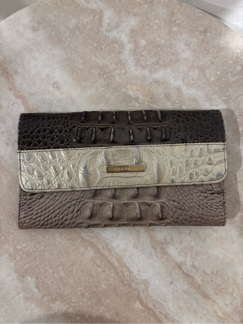 Brahmin Croc-Embossed Continental Wallet in Brown and Cream